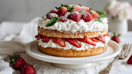 Strawberry Shortcake with Cream Layers on Wooden Board