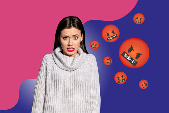 Collage of person surrounded by floating emoji icons expressing fun and different emotions happy joy angry oops lol - Powered by Adobe