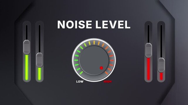 Animation of Noise level on a circular gauge moving from low to high and back. Can be used to show increase or decrease. Perfect for audio, safety, or environment visuals.
