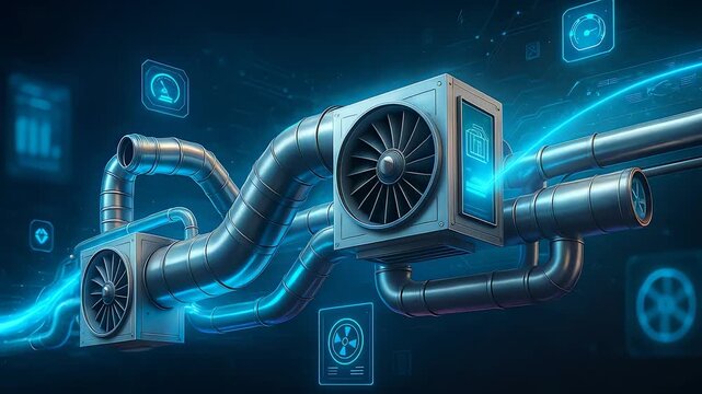 Air conditioning and ventilation system with pipes and fans, represented with glowing blue digital elements for technology and industry concepts.