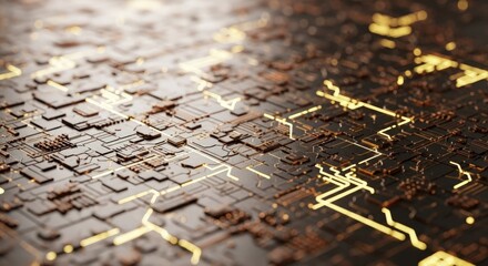 Gleaming golden circuits pulse with data on a dark, futuristic motherboard