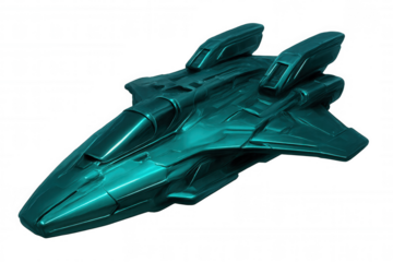 Metallic spaceship navigating starry cosmos, featuring cutting-edge engineering and streamlined silhouette against transparent backdrop