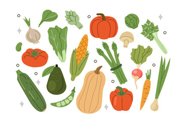 Vegetables and greens set. Asparagus, avocado, pumpkin, corn, spinach, peas assortment collection. Harvesting concept. Vector illustration.