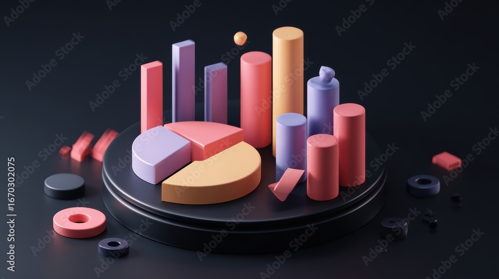 Fototapete data analysis concept 3d illustration. icon composition with statistics on charts and diagrams at si