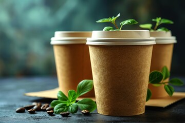 Portable cardboard carrier with four kraft paper cups for convenient takeaway beverage orders