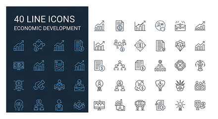 A collection of 40 thin line icons representing economic development, including charts, graphs, and business concepts, suitable for presentations and websites