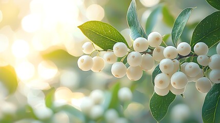 Close-up photo of snowberry plant branch with white berries in natural sunlight
