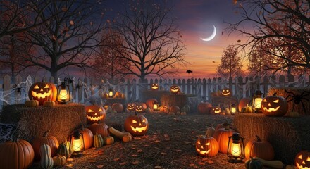 Spooky Halloween night scene with glowing jack-o'-lanterns, hay bales, and spider webs