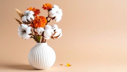 Textured White Vase with Dried Cotton and Orange Flowers on Beige Background.beige, white, flower, orange, vase, smooth, three-dimensional, display, form, life, muted, pale, still, Generative Ai