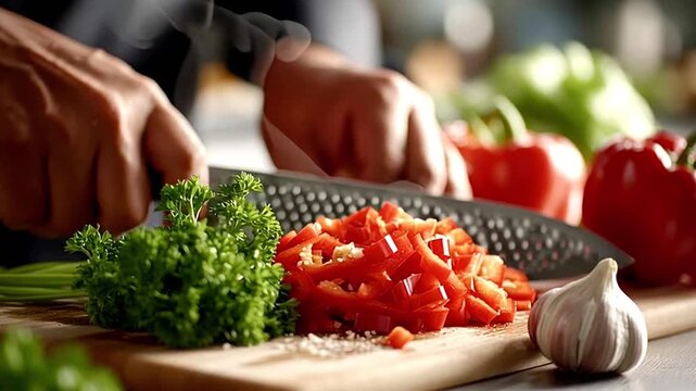 Professional chef slices red bell peppers with a sharp knife on a wooden cutting board, surrounded by fresh ingredients like parsley, garlic, and other vegetables in a kitchen setting