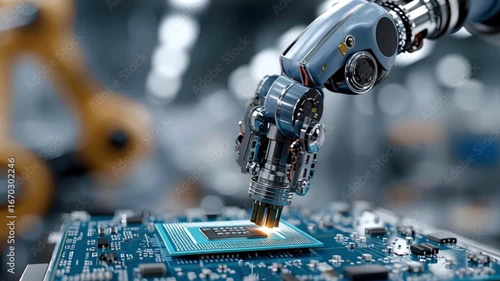 Aufkleber precision robotic arm mounting central processing unit onto computer motherboard, demonstrating adva