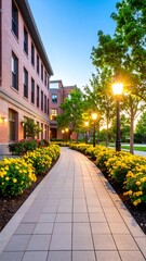 Urban walkway at dusk, lit by streetlamps