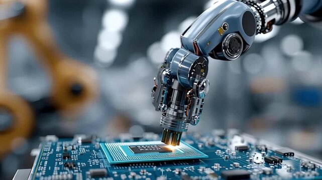Precision robotic arm mounting central processing unit onto computer motherboard, demonstrating advanced manufacturing automation within high tech industrial production environment - Powered by Adobe