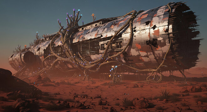 Crashed SciFi Ship Wreckage with Bioluminescent Vines and Glowing Alien Flowers.