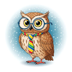 Cute cartoon owl wearing glasses and a colorful striped tie, looking intelligent and studious, with a soft blue bokeh background