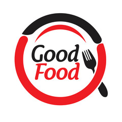 Red black circle logo with fork and text Good Food vector