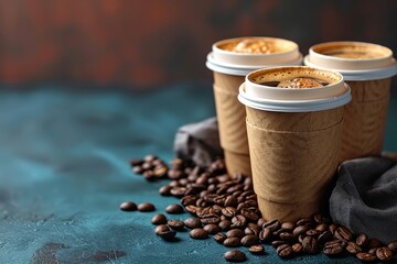 Portable cardboard carrier with four kraft paper cups for convenient beverage takeaway delivery