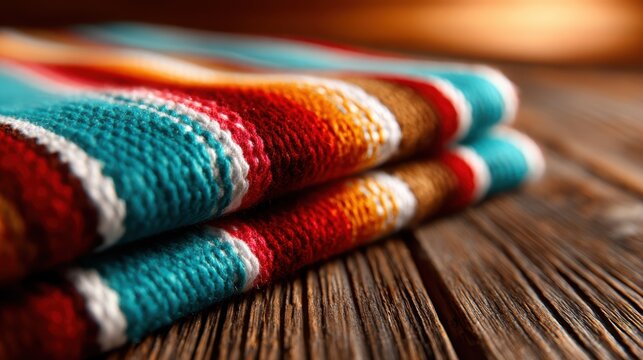 Vibrant, colorful textiles neatly folded on a rustic wooden table illuminate the beautiful craftsmanship. The colors and texture invite exploration and aesthetic appreciation.