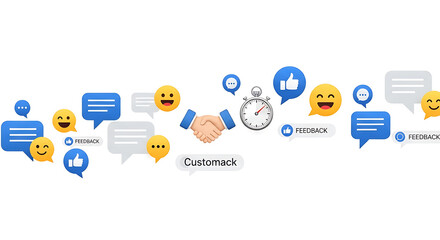 Digital communication concept with handshake, speech bubbles, emojis, and stopwatch, isolated on white background