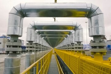 Naklejka premium Arched form of pipes above the inspection platform. Pipelines and gate valves at a liquefied natural gas production and storage plant.