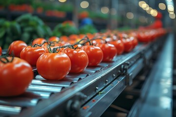 Workers oversee sorting and packing of fresh red tomatoes on the factory conveyor belt