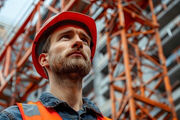 Construction worker directs crane operations using hand signals for safe heavy machinery lifting