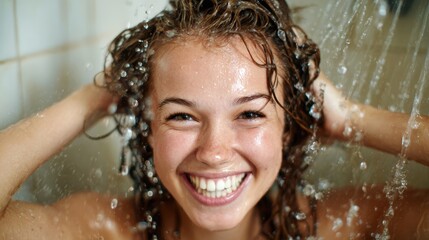 Obraz premium A radiant woman is seen smiling widely as water cascades down her hair while she enjoys a refreshing shower, capturing a moment of pure joy and spontaneity.
