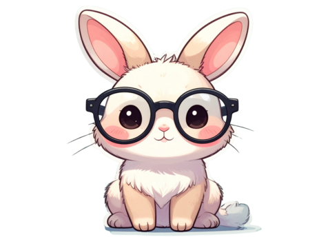 Kawaii Bunny Wearing Round Glasses, Sitting Pose, isolated transparent background png