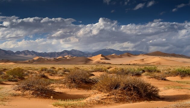 desert landscape in kazakhstan features vast shrubs and arid terrain under cloudy sky