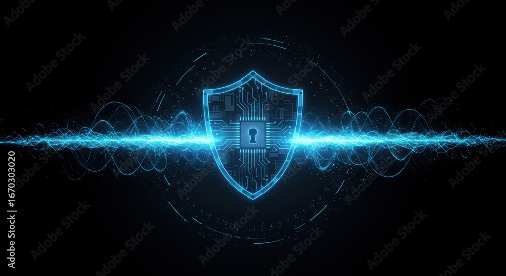Poster a glowing blue digital shield with a keyhole and circuit patterns protects against cyber threats ami