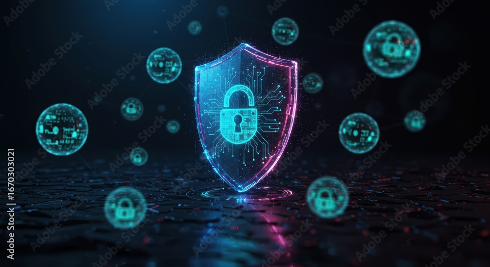 Poster a glowing digital shield protects data with a padlock on a dark, reflective surface, surrounded by f