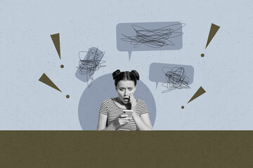 Collage with person surrounded by message bubbles symbolizing chatting communication online...