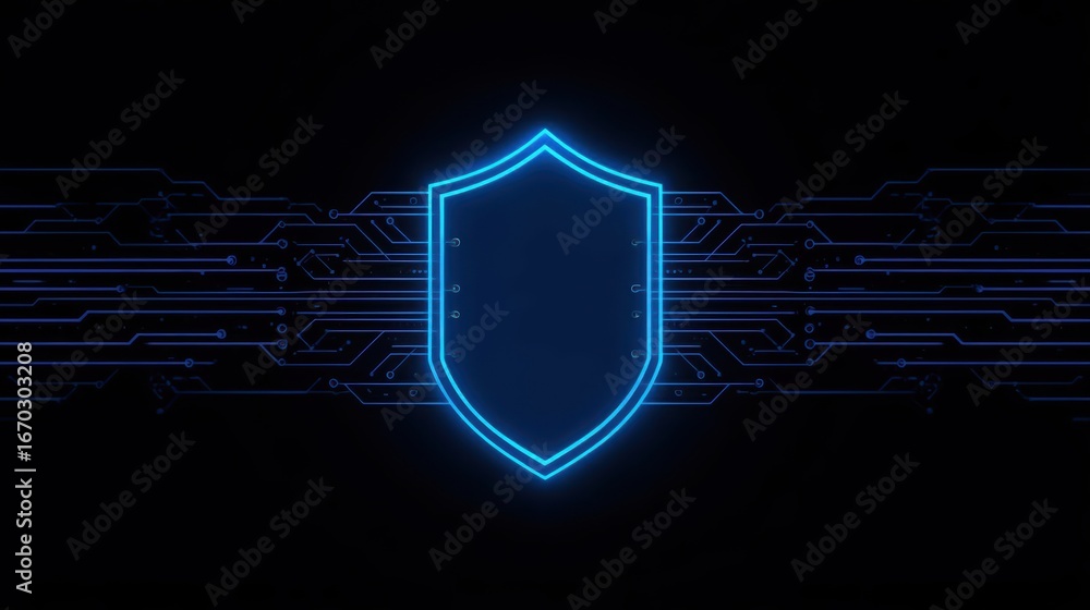 Aufkleber a glowing blue shield icon is centered over a dark circuit board background, representing digital se