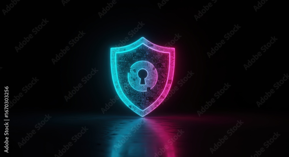 Poster an illuminated shield with a keyhole emblem glows with a vibrant cyan and magenta light, symbolizing
