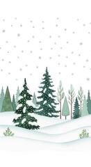Obraz premium Watercolor winter forest landscape with snowy pine trees, hand drawn evergreen woods in falling snow, vertical holiday background for greeting cards