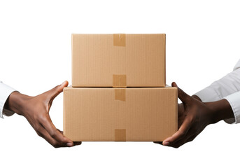 Ethnically ambiguous hands in a professional shirt holding two pristine, stacked brown cardboard delivery boxes against a transparent studio background with copy space, symbolizing modern logistics