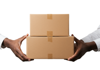 Ethnically ambiguous hands in a professional shirt holding two pristine, stacked brown cardboard delivery boxes against a transparent studio background with copy space, symbolizing modern logistics