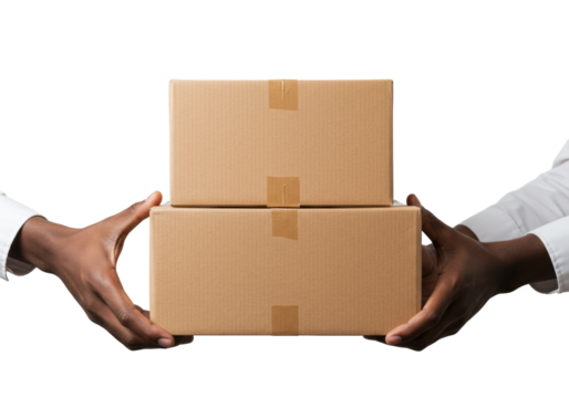 Ethnically ambiguous hands in a professional shirt holding two pristine, stacked brown cardboard delivery boxes against a transparent studio background with copy space, symbolizing modern logistics
