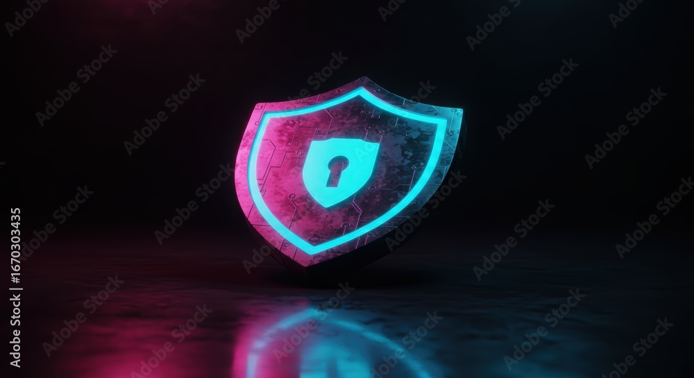 Poster a glowing shield with a keyhole is displayed on a dark reflective surface, showcasing digital securi