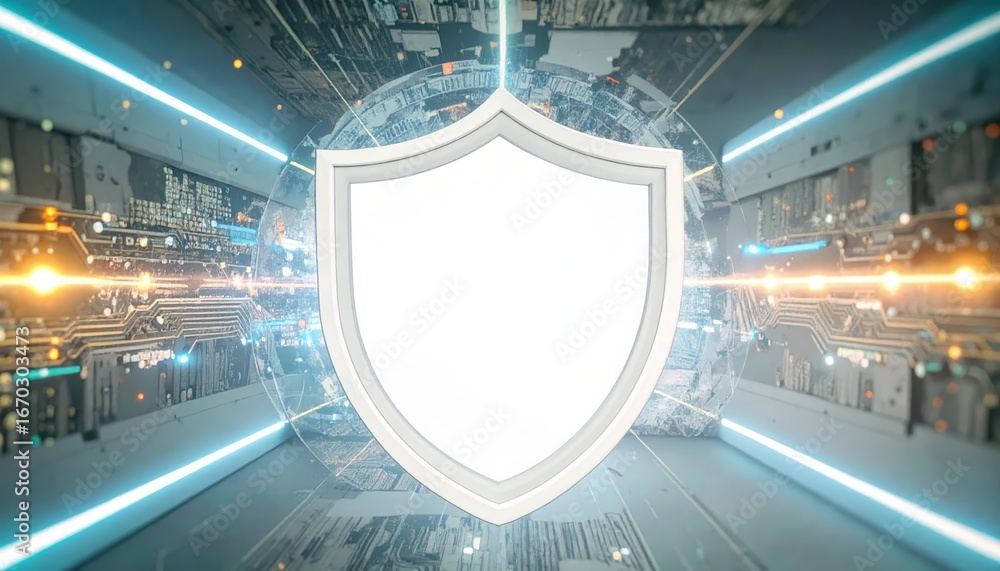 Poster a shimme white shield is centrally displayed against a backdrop of digital circuitry and glowing lin