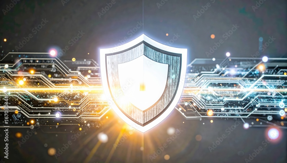 Poster illuminated shield symbol over glowing digital network represents data protection and secure online 