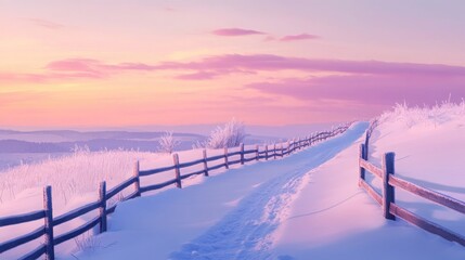 Fototapeta premium Snow-covered road with wooden fence at sunrise in winter landscape 