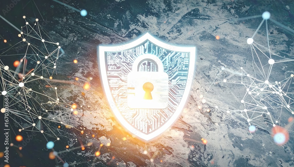 Poster an illuminated digital shield, symbolic of cybersecurity protection, glows amidst a network of inter