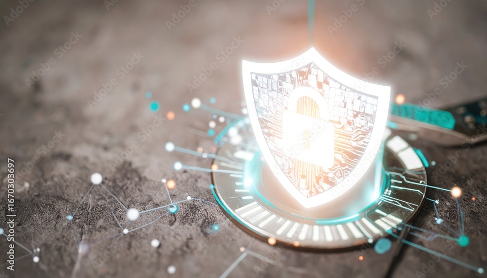 Poster glowing shield with padlock represents cybersecurity protection against cyber threats on a patterned