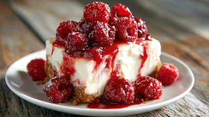 An inviting slice of cheesecake generously topped with fresh raspberries and a rich, glossy raspberry sauce, perfect for dessert lovers and sweet tooth enthusiasts.