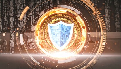Security shield illuminates digital cyberspace, representing robust data protection and secure network access against cyber threats in a technological environment.