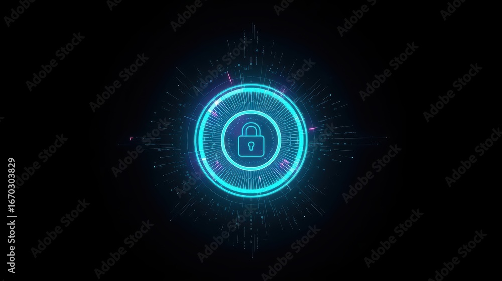 Poster a glowing neon padlock icon in a circle surrounded by light trails signifies data security and prote