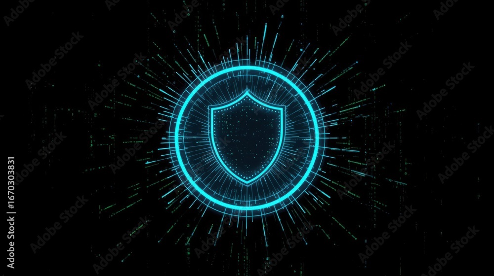 Poster glowing digital shield symbol with radiating light streaks emphasizes cyber security and data protec