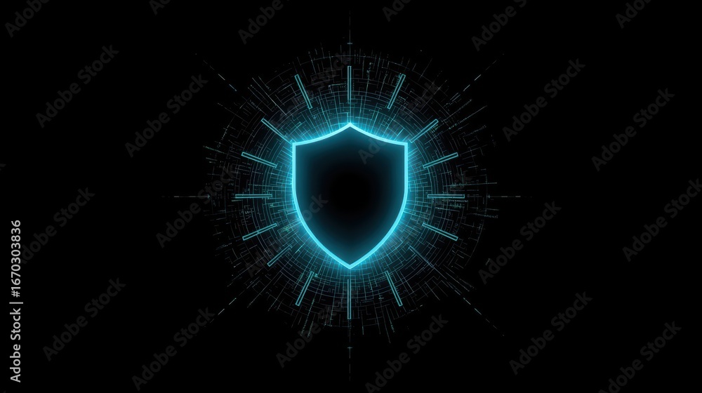 Poster a glowing blue shield symbol is displayed with abstract digital lines radiating outward on a dark ba