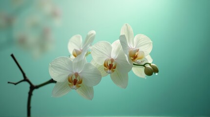 White Orchid Flowers Blooming on Thin Branch with Soft Green Background